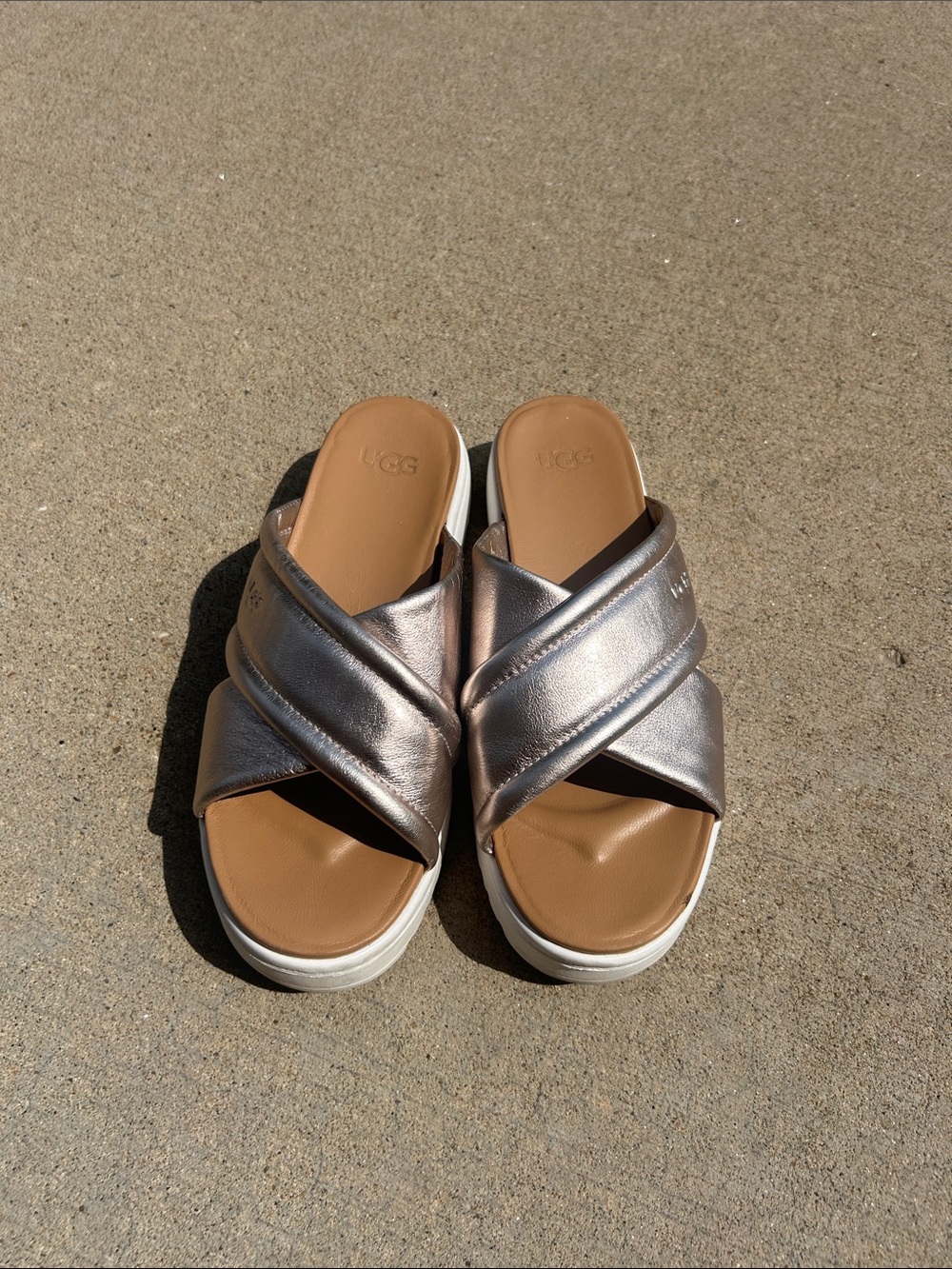 UGG Metallic Rose Gold Crisscross Platform Slides - Size 7.5